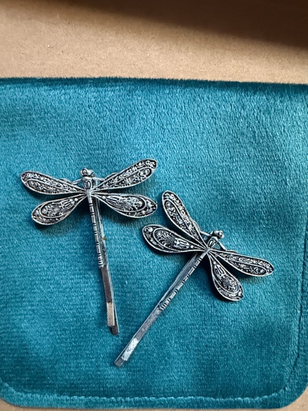 Antique Silver Dragonfly Hair Pins with Teal Accent